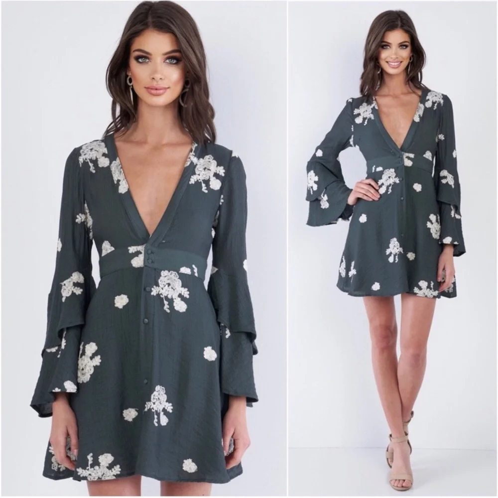 1 LEFT! Women’s Adorable Deep Teal Trumpet Sleeve Embroidered Fall Dress - Picture 1 of 3